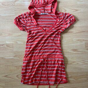 Lovaholic Coral Striped Hooded Dress – Short Sleeve, Drawstring Waist, Women’s S